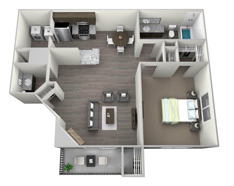 Rendered 3D floorplan of one bedroom one full bathroom and kitchen. With half bath in living area, washer and dryer included, gas burning fireplace, private patio/ balcony with storage. Approximately 740 square feet.
